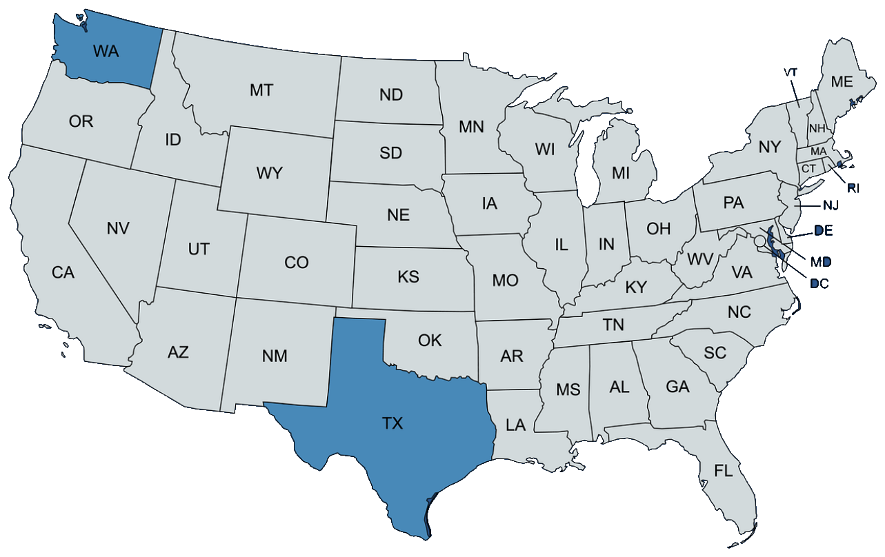 Map of the United States with Texas and Washington highlighted